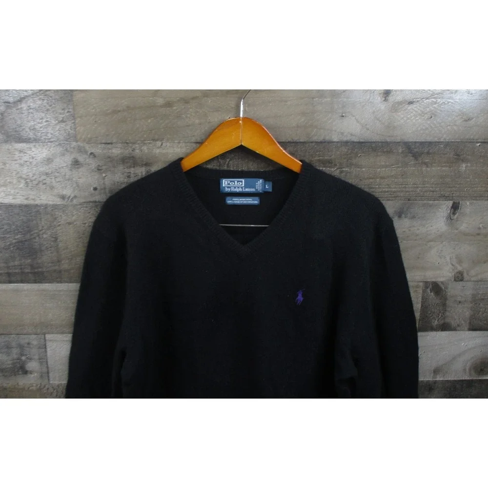 Polo Ralph Lauren Sweater Mens Large Black Lambs Wool V Neck Pullover Luxury